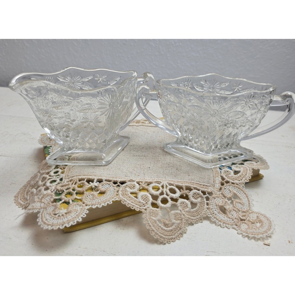Vintage Indiana Glass Pineapple & Floral Creamer and Sugar Bowl Set Diamond Base